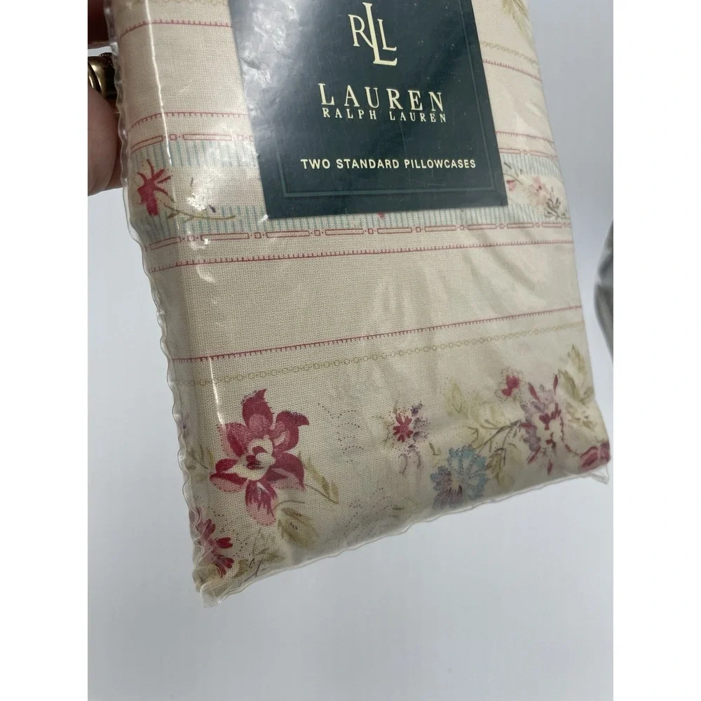 New  2 Vintage Ralph Lauren Standard Pillowcases Floral Pair NIP Cottage Rose‎